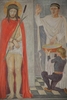 Jesus wird zum Tode verurteilt: Pilatus fällt das Urteil, Jesus steht gebunden da und schweigt.